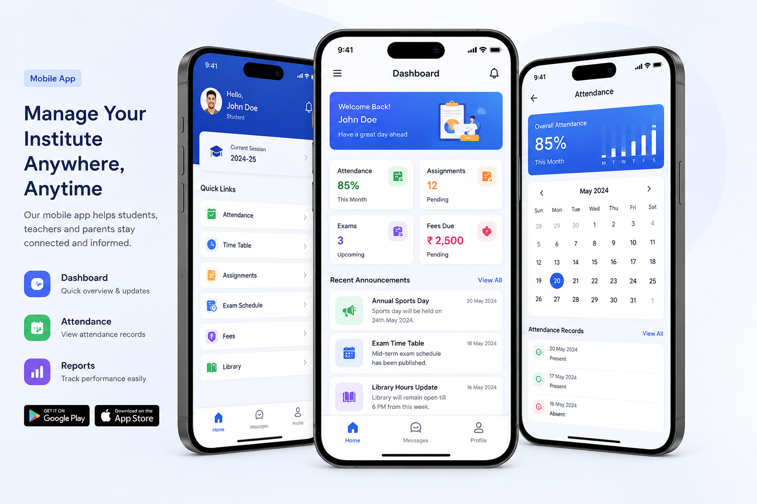Branded school ERP mobile app screens